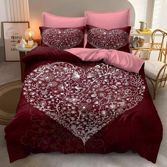 3D Спално бельо от 100% памук – бордо и розово със сърце от цветя