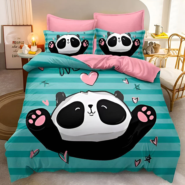3D Спално бельо от 100% памук – розово и синьо с панда