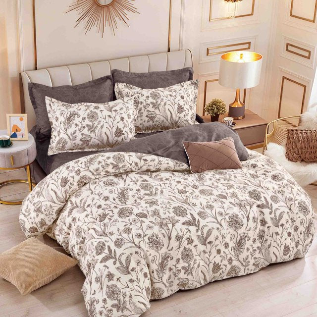 Спално бельо от 100% памук - бежово и кафяво с цветя - F6-221