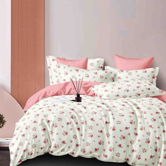 Спално бельо от 100% памук - бяло и розово с цветя - F6-142