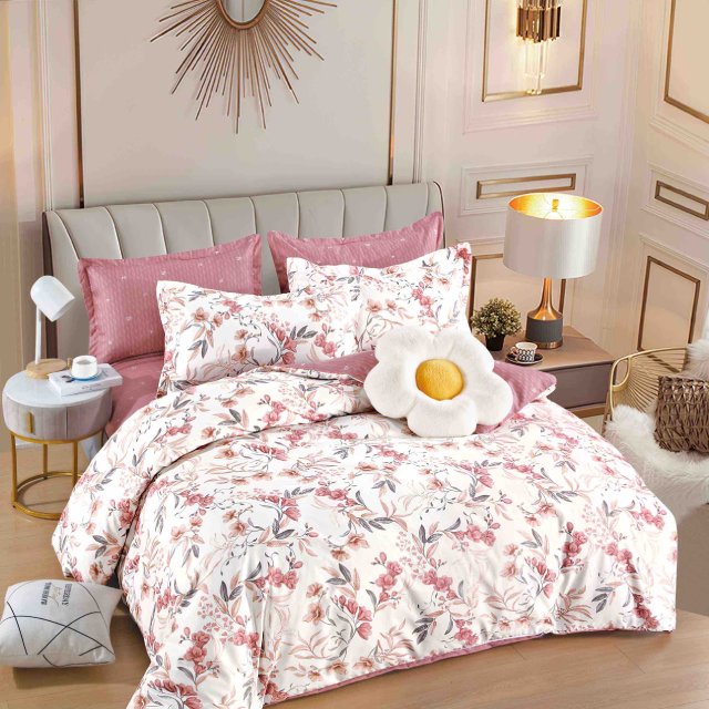 Спално бельо от 100% памук - бяло и розово с цветя - F6-210