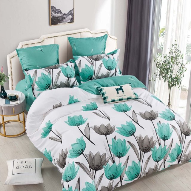 Спално бельо от 100% памук - бяло и тюркоазено с лалета - F6-228