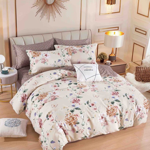 Спално бельо от 100% памук - шампанско и кафяво с цветя - F6-216