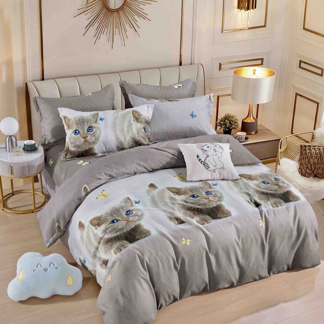 Единично спално бельо от 100% памук - сиво с котенца - F1-200