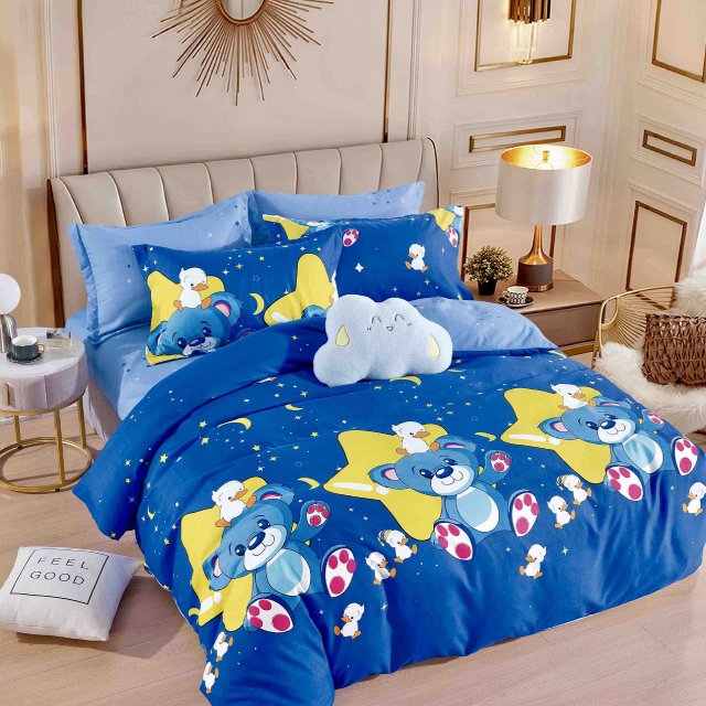 Спално бельо от 100% памук - тъмносиньо с мечета и звезди - F6-112