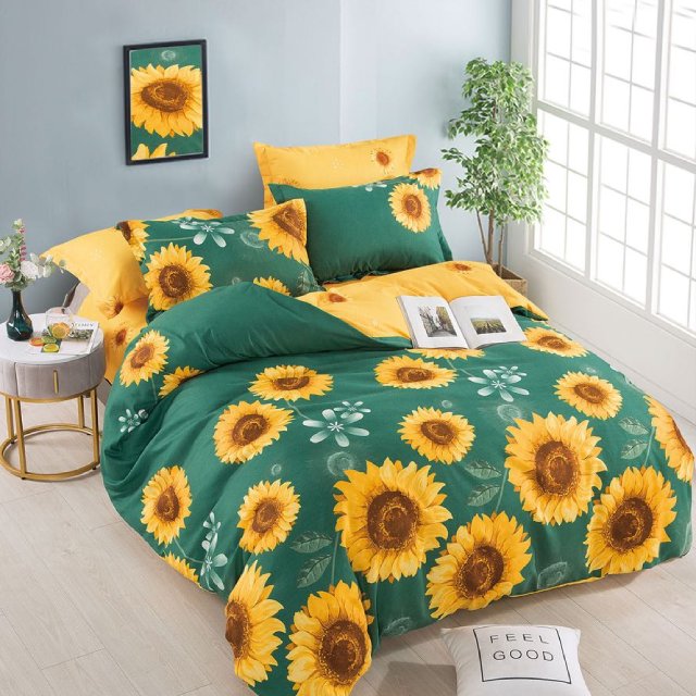 Спално бельо от 100% памук - тъмнозелено със слънчогледи - F6-225