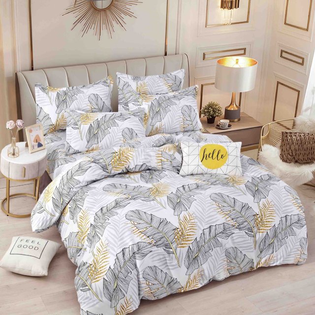 Спално бельо с ластик - бялo с листа - F7-07