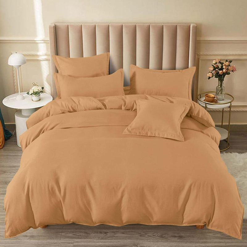 Едноцветно спално бельо с ластик - светлокафяво