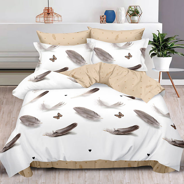 Спално бельо с ластик – бяло и бежово с пера