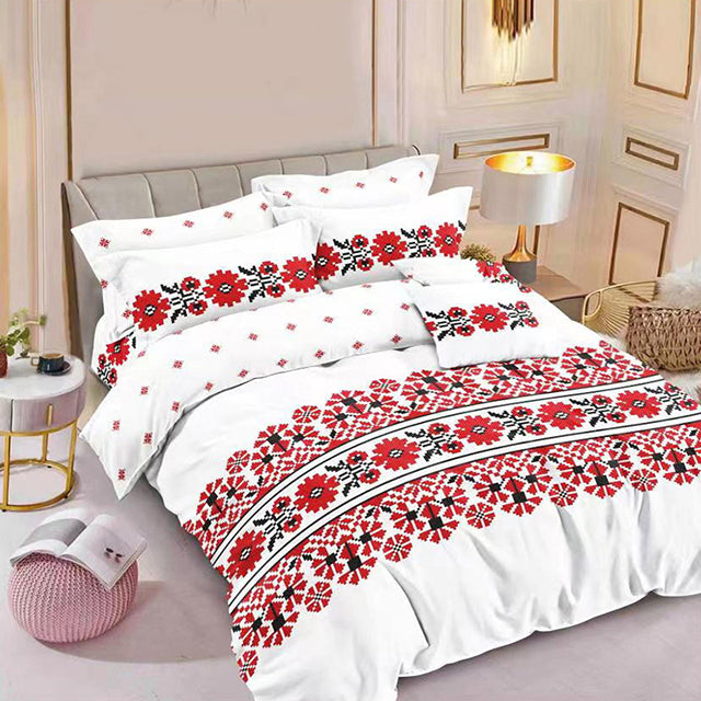 Спално бельо с ластик – бяло с червени орнаменти тип шевица