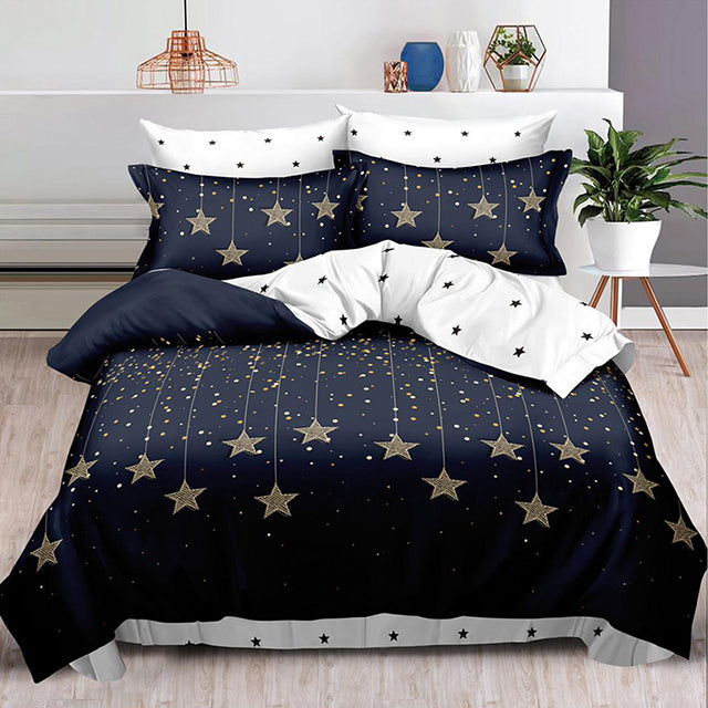 Спално бельо с ластик – тъмносиньо с кафяви звезди