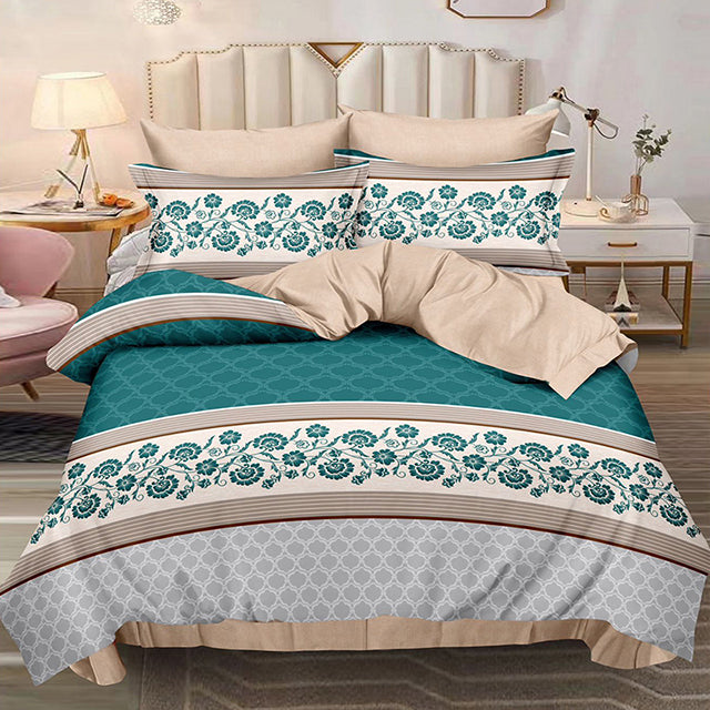 Спално бельо с ластик – бежово-сиво и тюркоазено с орнаменти и цветя