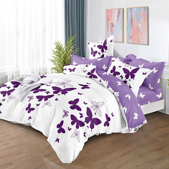 Спално бельо с ластик – бяло и лилаво с пеперуди