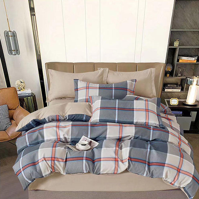 Спално бельо от 100% памук с ластик - синьо и бяло с червени линии карирано