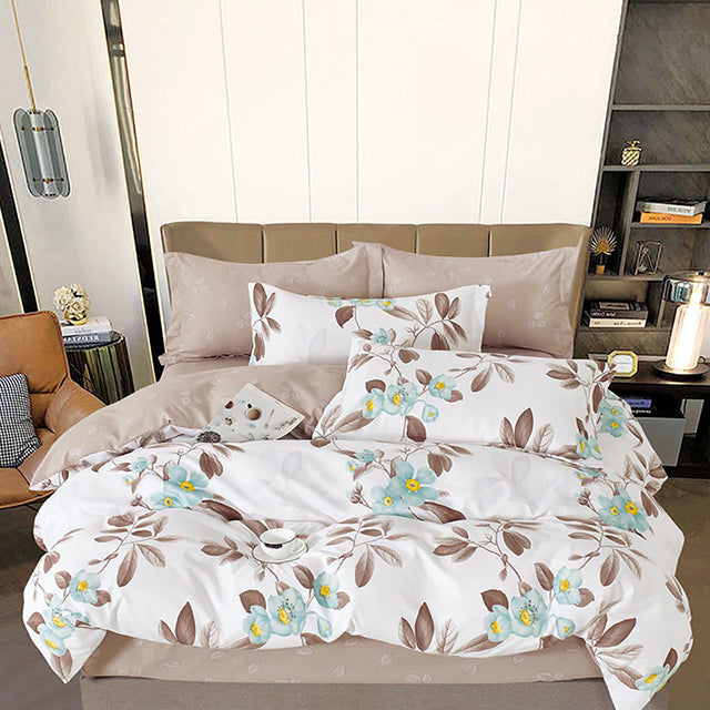 Спално бельо от 100% памук с ластик - бяло и кафяво с цветя и листа