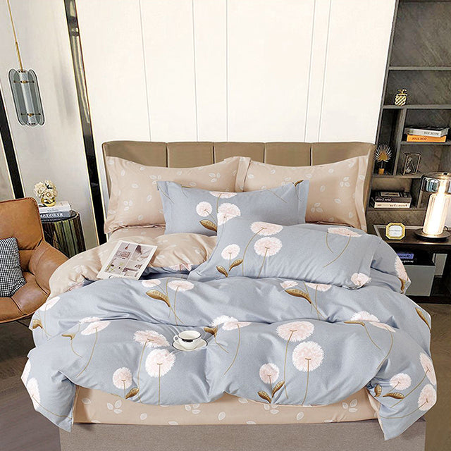 Спално бельо от 100% памук с ластик - синьо и кафяво с глухарчета