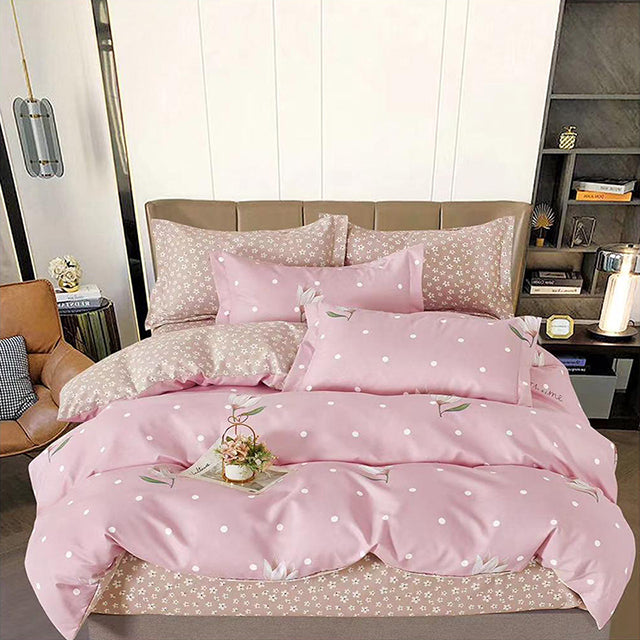 Спално бельо от 100% памук с ластик - розово с бели точки