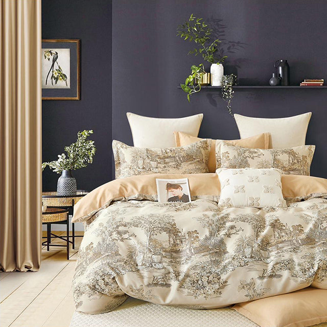 Спално бельо от 100% памук с ластик - бежово с пейзаж