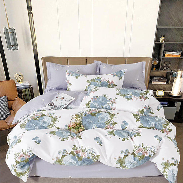 Спално бельо от 100% памук с ластик - бяло и сиво със сини рози