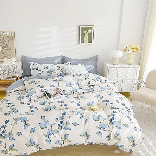 Спално бельо от 100% памук с ластик - бяло и сиво с листа