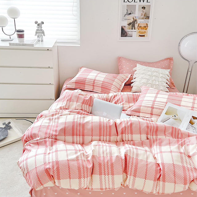 Спално бельо от 100% памук с ластик - розово и бяло