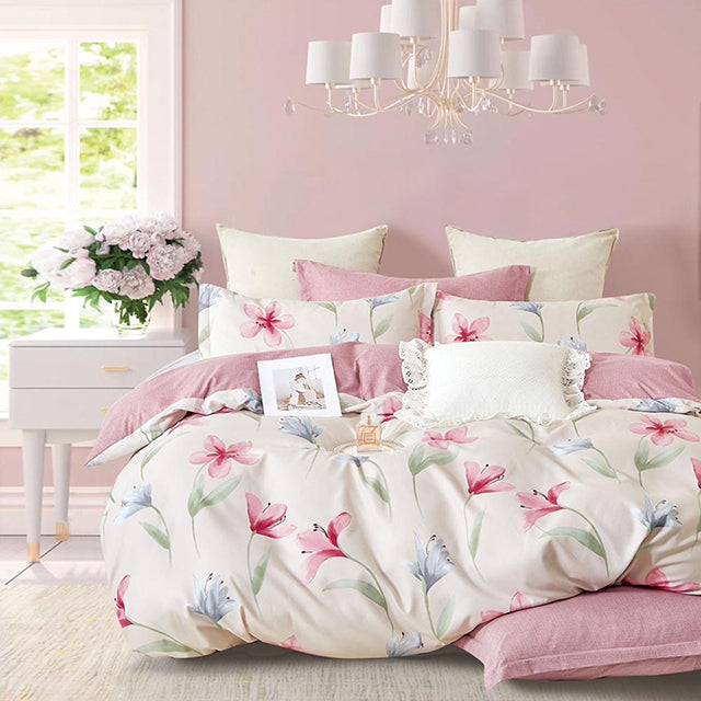 Спално бельо от 100% памук с ластик - кремав цвят и розово с цветя