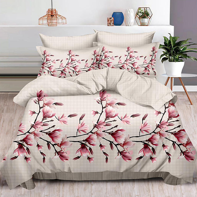 Спално бельо от 100% памук с ластик - бежово с розови цветя