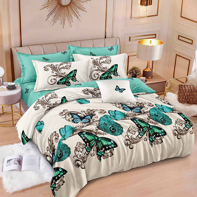 Спално бельо от 100% памук с ластик - светлосиво и тюркоазено с пеперуди