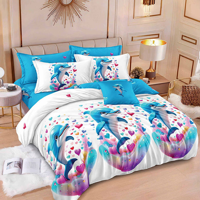 Спално бельо от 100% памук с ластик - делфини с шарени листа