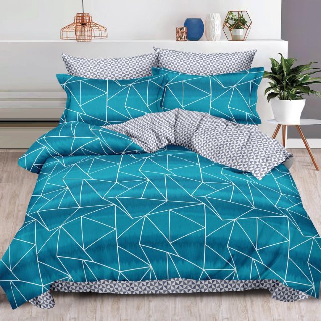 Спално бельо от 100% памук с ластик - синьо и сиво с геометричен мотив