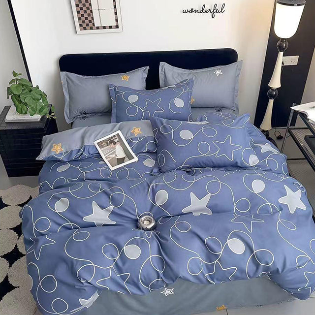 Спално бельо от 100% памук с ластик - тъмносиньо и сиво със звезди