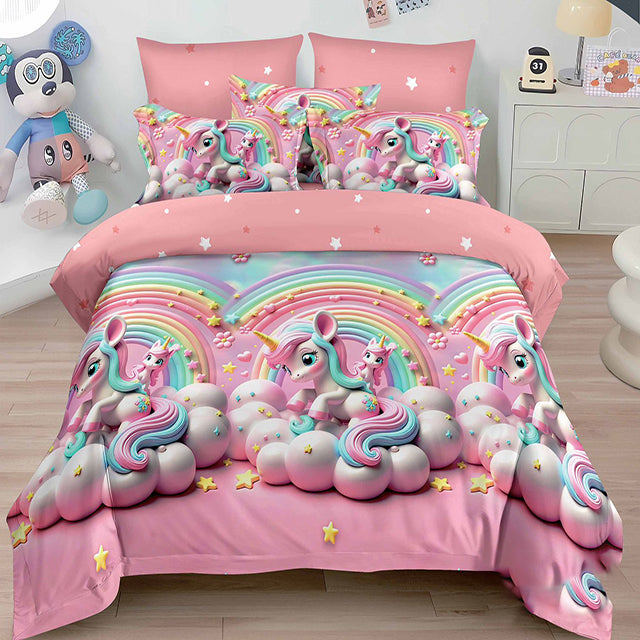 Спално бельо от 100% памук с ластик - розово с еднорози и дъги