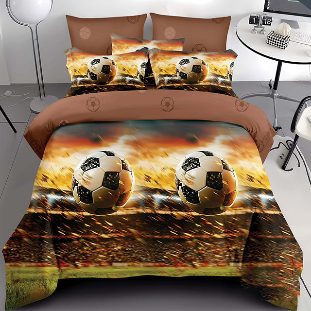 Спално бельо от 100% памук с ластик - кафяво с футболни топки