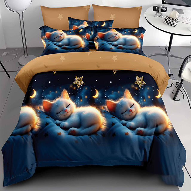 Спално бельо от 100% памук с ластик - тъмносиньо и кафяво с котенца