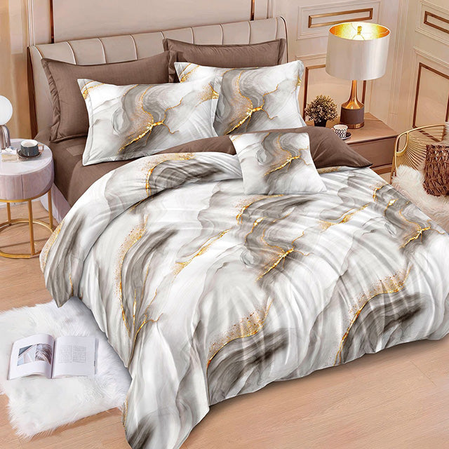 Спално бельо от 100% памук с ластик - сиво и кафяво с мраморен ефект