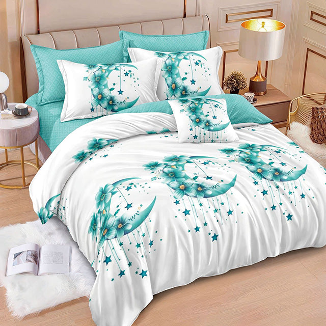 Спално бельо от 100% памук с ластик - бяло и синьо с луни и звезди