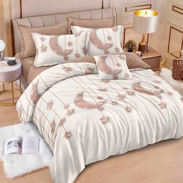 Спално бельо от 100% памук с ластик - бяло и кафяво с луни и звезди