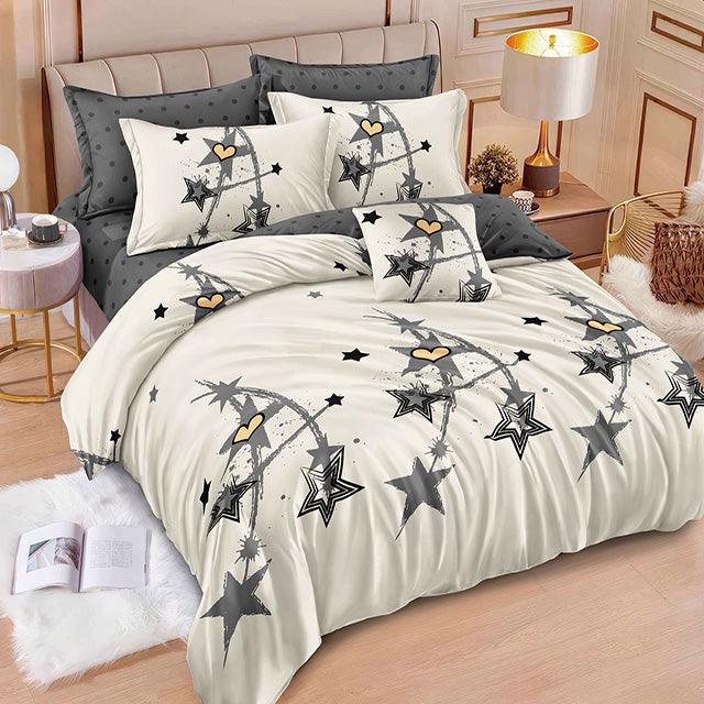 Спално бельо от 100% памук с ластик - бяло и сиво със звезди и сърца