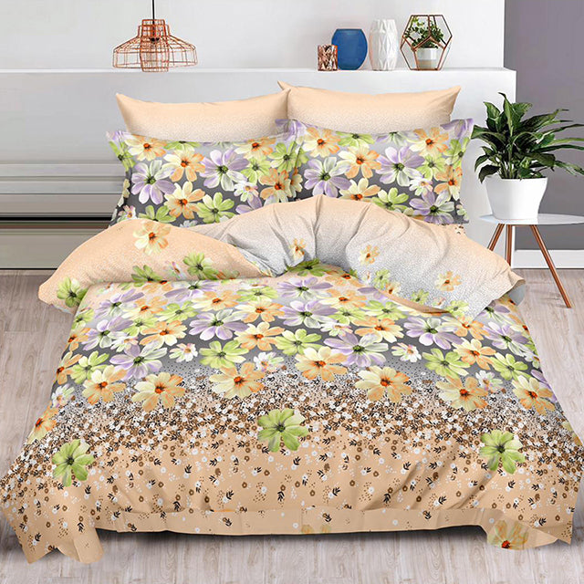 Спално бельо с ластик – бежово с жълти и зелени цветя