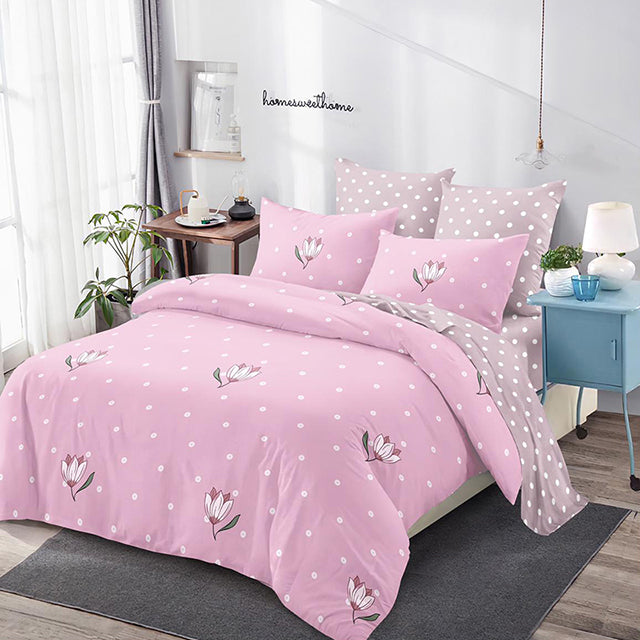 Спално бельо с ластик – розово с цветя и бели точици