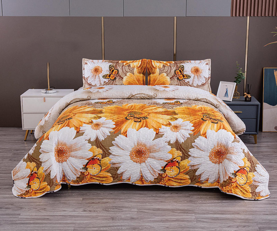 Двулицево спално бельо от 100% памук – бели и оранжеви цветя