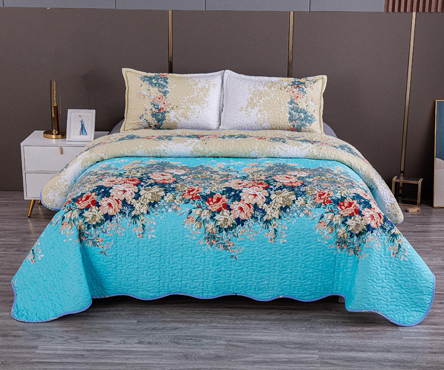 Двулицево спално бельо от 100% памук – синьо, бежово и бяло с цветя