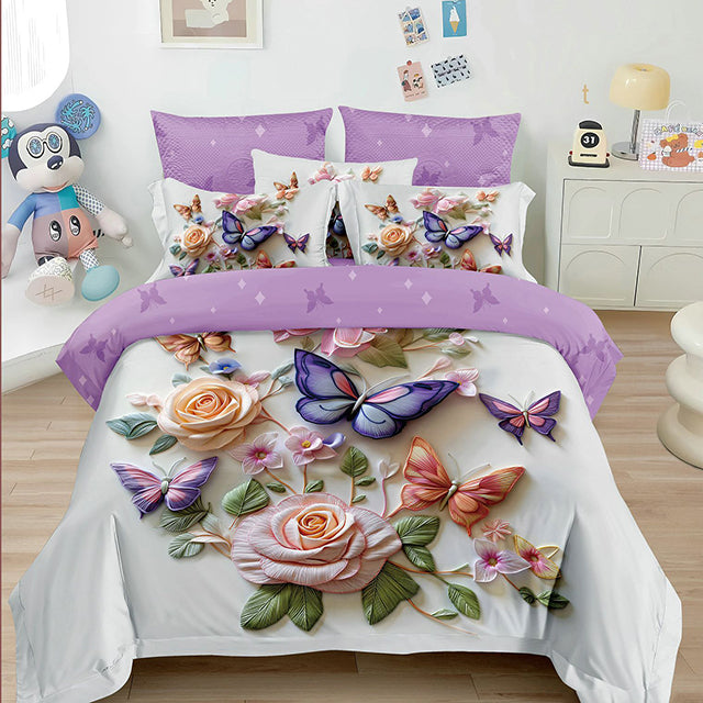 5D спално бельо от 4 части с ластик - бяло и лилаво с цветя и пеперуди