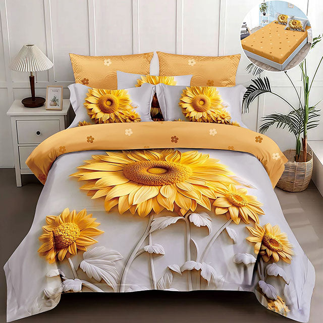 5D спално бельо от 4 части с ластик - бежово и жълто със слънчогледи