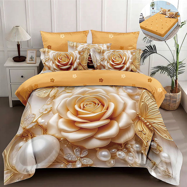 5D спално бельо от 4 части с ластик - бежово и жълто с рози