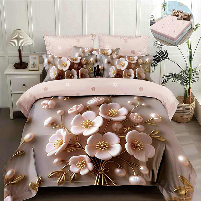 5D спално бельо от 4 части с ластик - светлорозово с цветенца