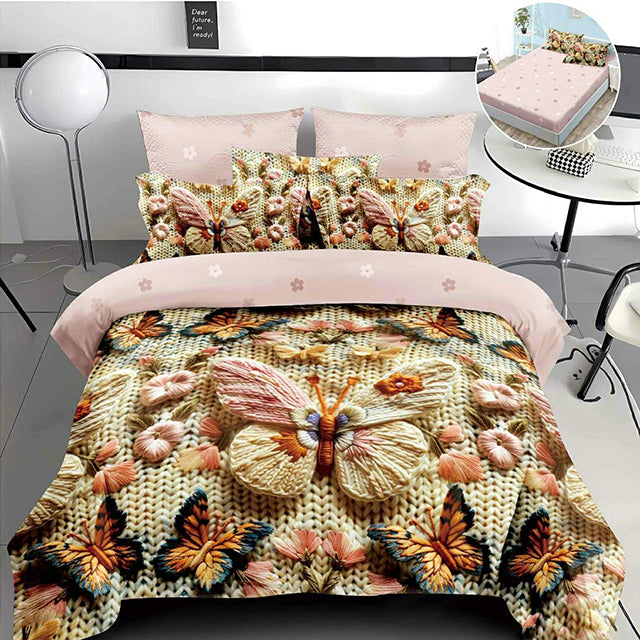 5D спално бельо от 4 части с ластик - бежово и светлорозово с пеперуди - WD8058