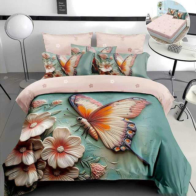 5D спално бельо от 4 части с ластик - зелено и светлорозово с пеперуда и цветя