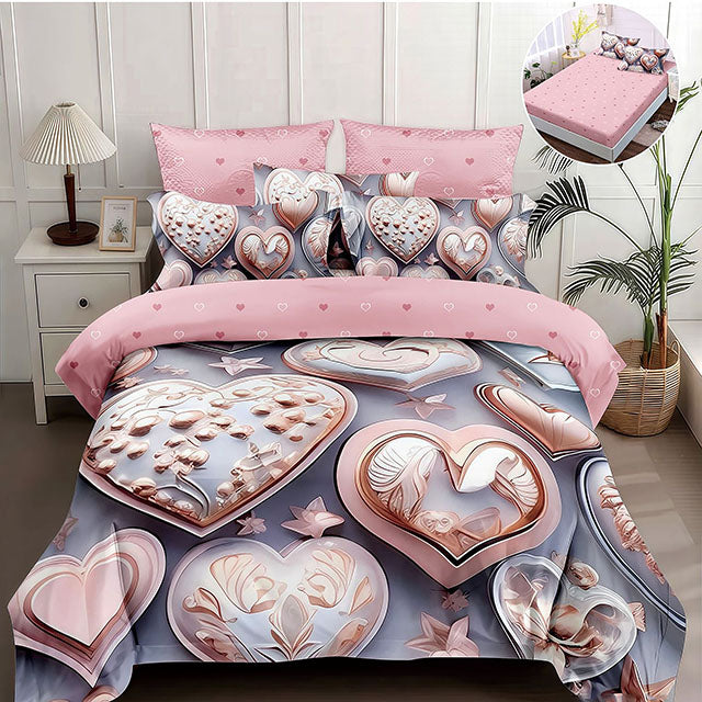 5D спално бельо от 4 части с ластик - сиво и розово със сърца