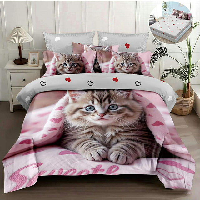 5D спално бельо от 4 части с ластик - розово и сиво с котенце